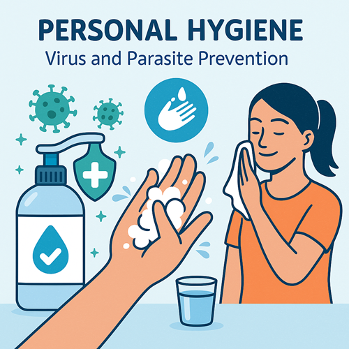 Image emphasizing personal hygiene, handwashing, and cleanliness for virus and parasite prevention