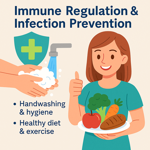 Image emphasizing hygiene, handwashing, and a healthy lifestyle with diet and exercise for immune regulation and infection prevention