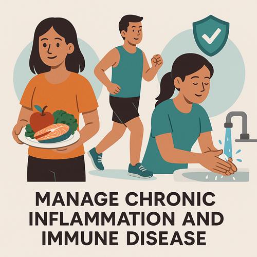 Image emphasizing balanced diet, exercise, and stress management for chronic inflammation and immune disease care