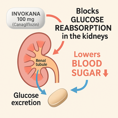Visual diagram showing how Invokana 100mg blocks glucose reabsorption in the kidneys and lowers blood sugar