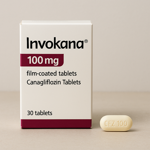 Invokana 100mg product photo clearly showing the product package and tablet