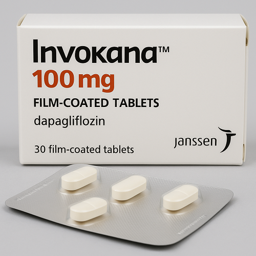 Invokana 100mg package and packaging box close-up image