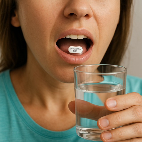 Instructional photo of taking an Invokana 100mg tablet orally with water
