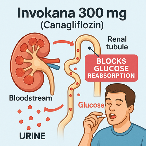 Medical diagram explaining the blood sugar control mechanism of Invokana 300mg (Canagliflozin)