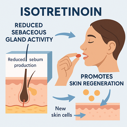 Visual diagram explaining how isotretinoin reduces sebaceous gland activity and promotes skin regeneration