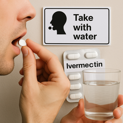 Ivermectin dosage instruction showing tablet taken with water