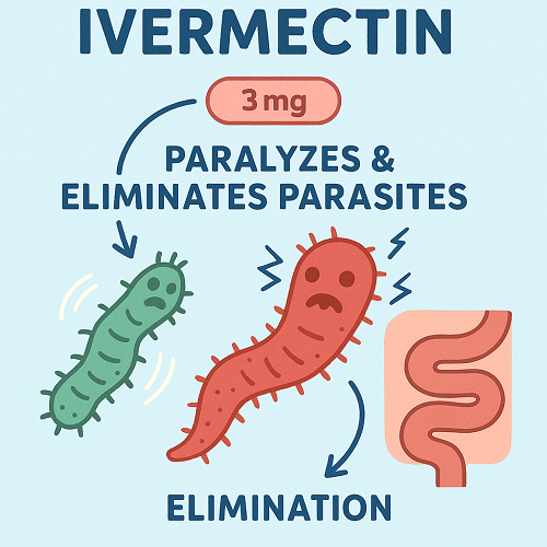 Visual diagram showing how ivermectin paralyzes and eliminates parasites
