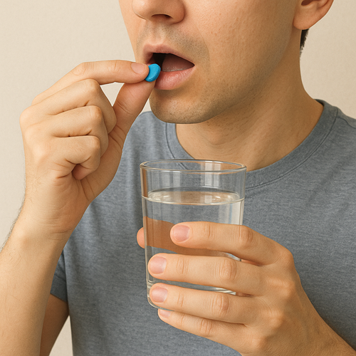 Instructional photo of taking a Kamagra 100mg tablet orally with water