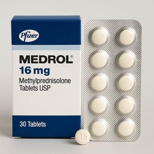 Medrol 16mg product photo clearly showing the product package and tablet