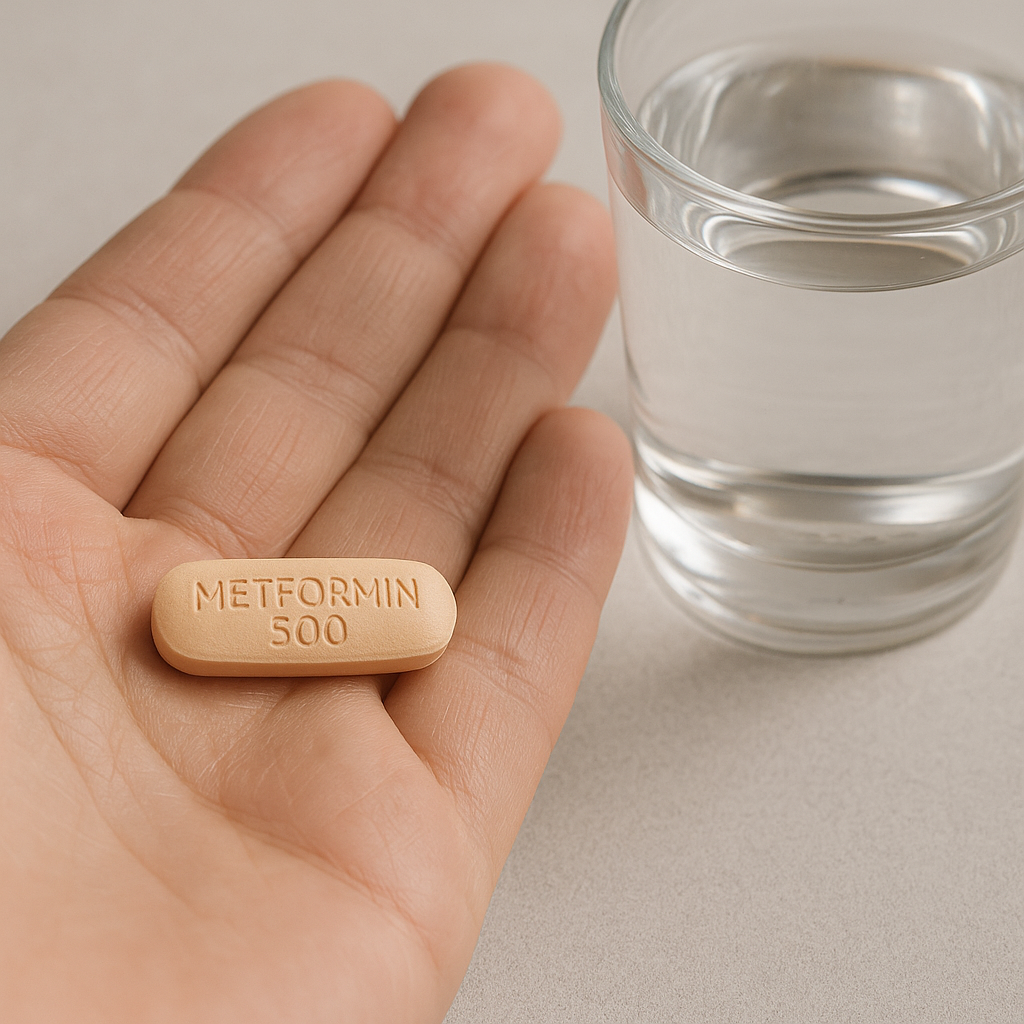 Metformin 500mg tablet with a glass of water on a clean table