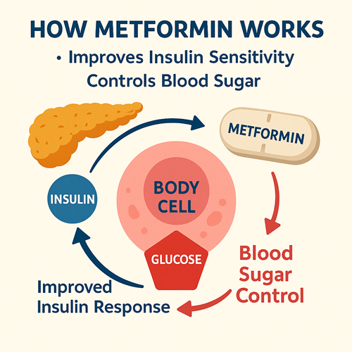 Visual diagram showing how metformin improves insulin sensitivity and controls blood sugar