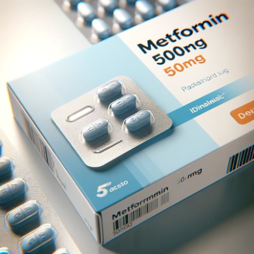 Close-up of Metformin 500mg blister pack and packaging box
