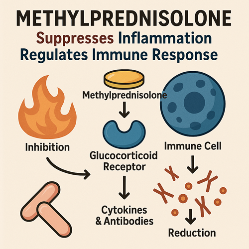 Visual diagram showing how methylprednisolone suppresses inflammation and regulates immune response