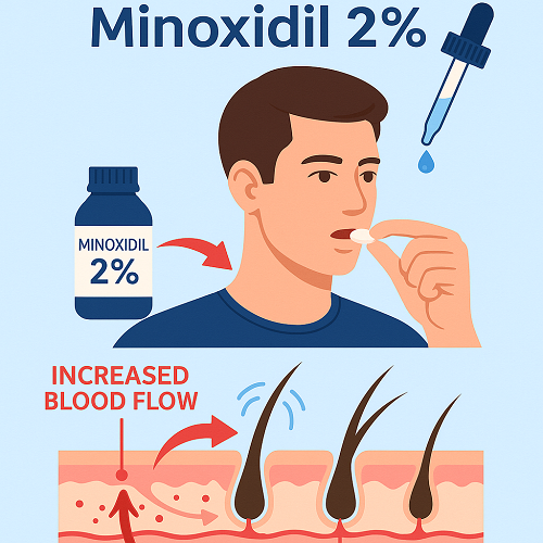 Medical diagram explaining the mechanism of Minoxidil 2% (increased blood flow and hair follicle stimulation)
