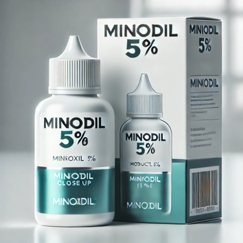 Close-up of Minoxidil 5% bottle and packaging box