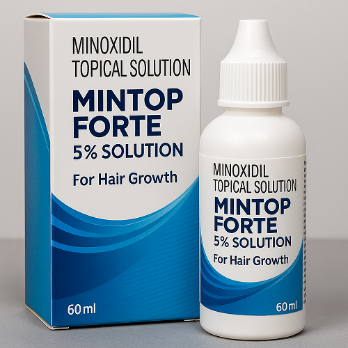 Mintop Forte 5% Solution package and bottle close-up image