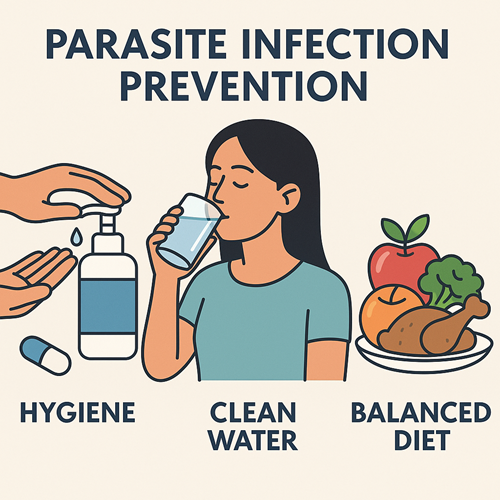Image emphasizing hygiene, clean water intake, and a balanced diet for parasite infection prevention