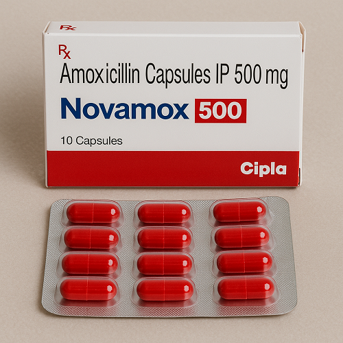 Novamox 500mg package and packaging box close-up image
