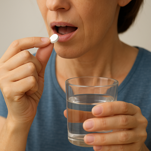 Instructional photo of taking an Omnarcortil 20mg tablet orally with water
