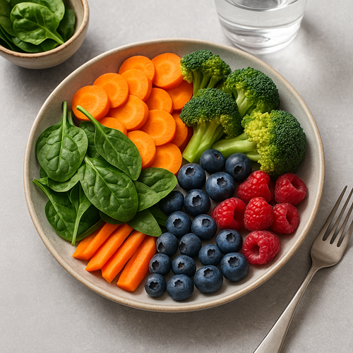 Nutritious plant-based lunch with spinach, carrots, and berries