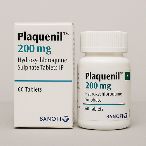 Plaquenil 200mg product photo clearly showing the product package and 60-tablet bottle