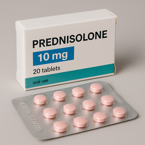 Prednisolone 10mg package and packaging box close-up image