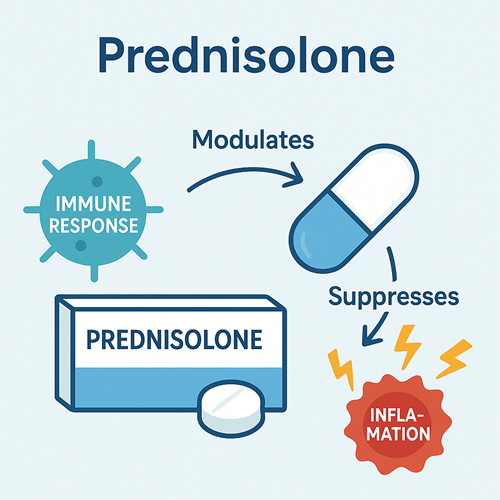 Visual diagram showing how Prednisolone modulates immune response and suppresses inflammation