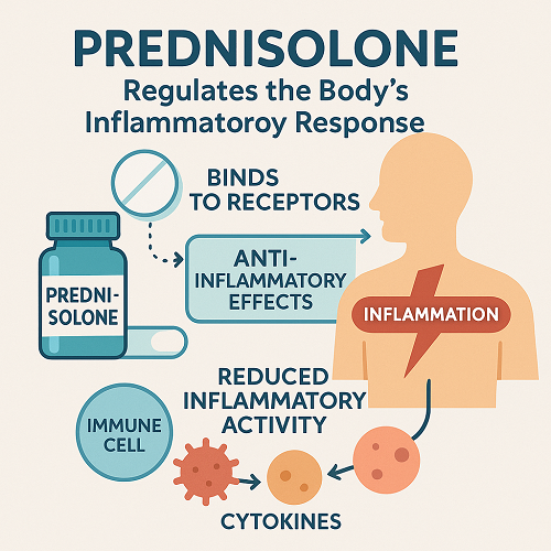 Medical diagram explaining how Prednisolone regulates the body's inflammatory response