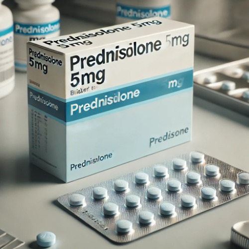 Close-up of Prednisolone 5mg blister pack and packaging box