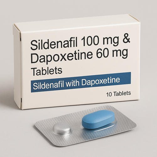 Sildenafil 100mg & Dapoxetine 60mg product photo clearly showing the product package and tablet