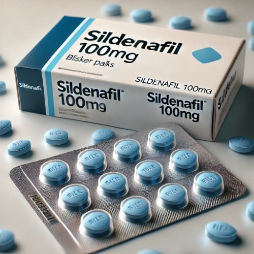 Close-up of Sildenafil 100mg blister pack and packaging