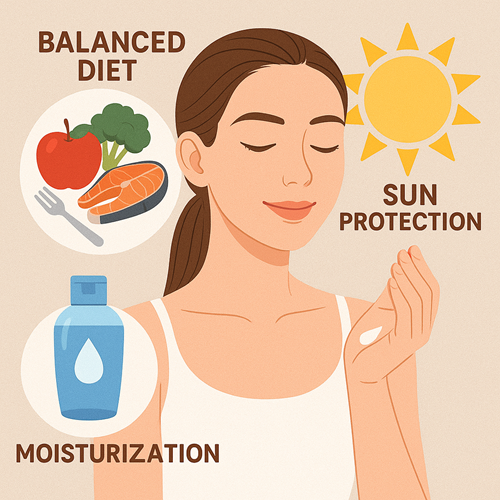 Image emphasizing balanced diet, moisturization, and sun protection for healthy skincare