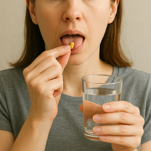 Instructional photo of taking a Tadalafil 10mg tablet orally with water