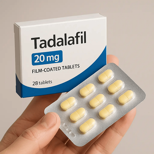 Tadalafil 20mg package and packaging box close-up image