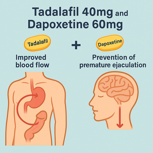 Medical diagram explaining how Tadalafil 40mg and Dapoxetine 60mg work in the body