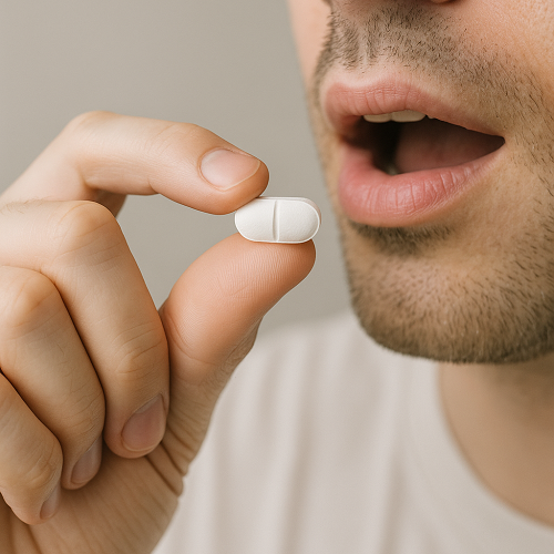 A person holding and taking an Azithromycin 500mg tablet in hand