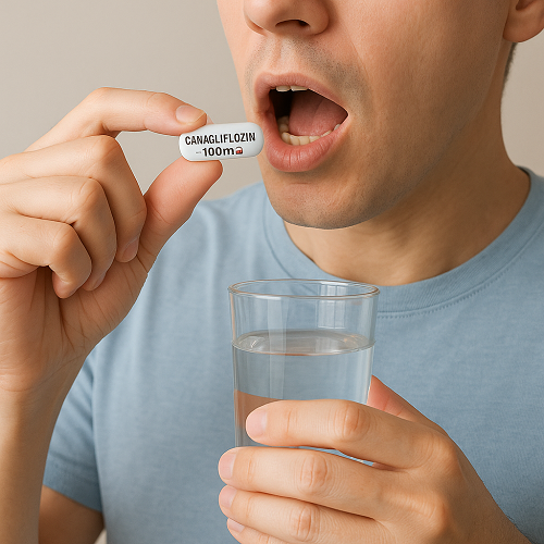Instructional photo of taking a CANAGLIFLOZIN-100MG tablet orally with water