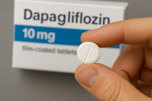 A person holding and taking a Dapagliflozin 10mg tablet in hand