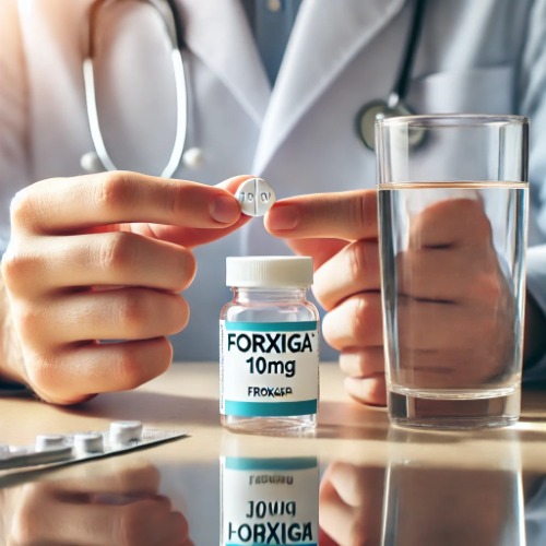Person holding a Forxiga 10mg tablet before taking it