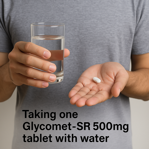 Instructional photo of taking one Glycomet SR 500mg tablet with water