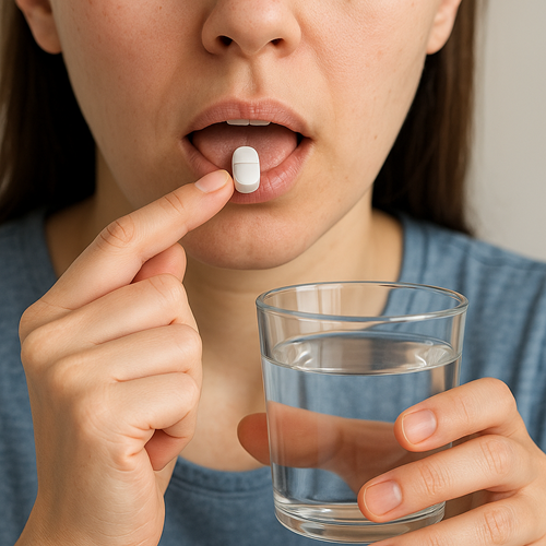 Instructional photo of taking a Glycomet SR 500mg tablet orally with water