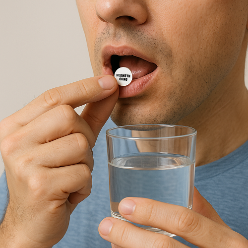 Instructional photo of taking an IVERMECTIN-3MG tablet orally with water