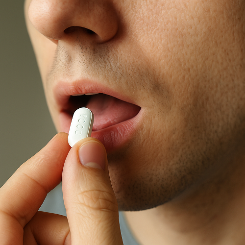 A person orally taking a Metformin 1000mg tablet