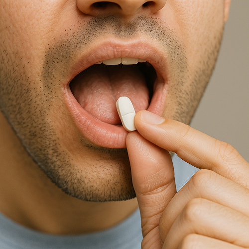 A person orally taking a Metformin 1000mg tablet
