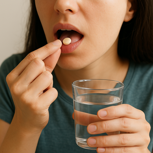 Instructional photo of taking an Omnacortil 10mg tablet orally with water