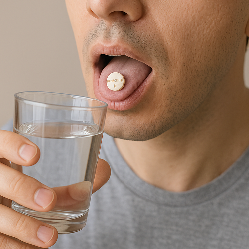 A person orally taking an Omnacortil 5mg tablet