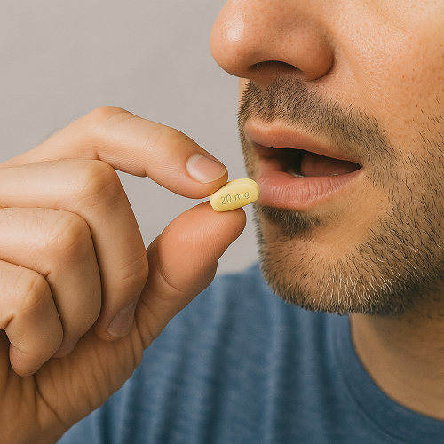 A person holding and taking a Prednisolone 10mg tablet in hand