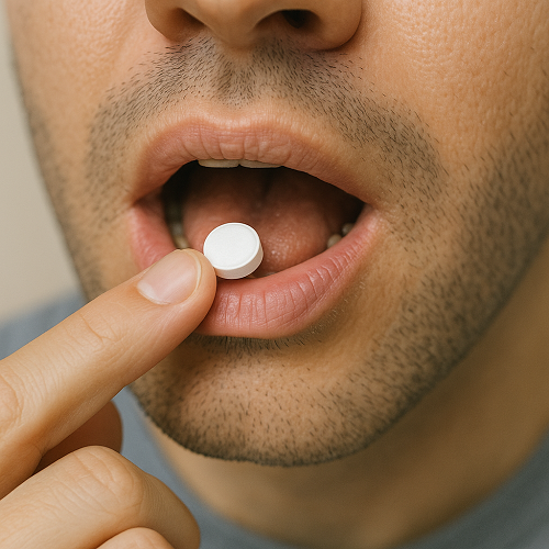 A person orally taking a Prednisolone 20mg tablet