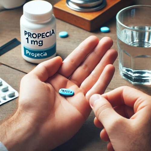 Person holding a Propecia 1mg tablet before taking it