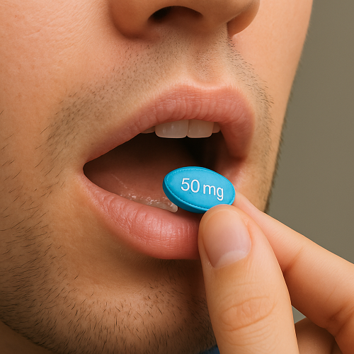 A person orally taking a Sildenafil 50mg tablet